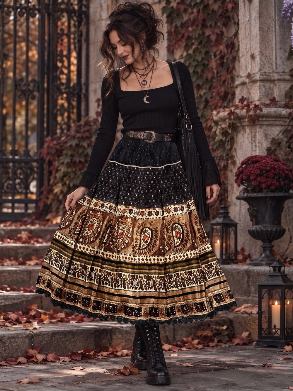 VINTAGE Velvet Paisley Midi Skirt